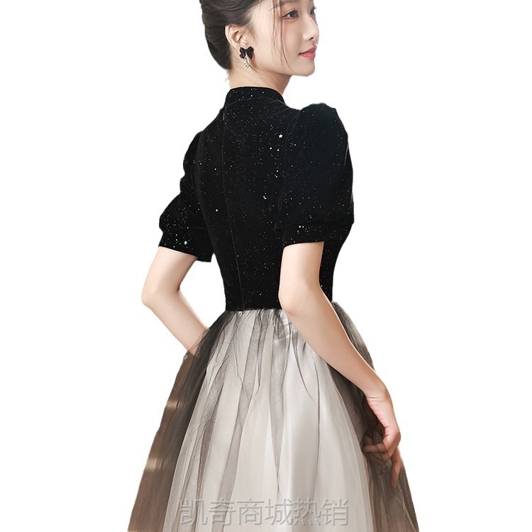 旗袍晚礼服女轻奢小众黑色赫本风主持人裙声乐艺考中式钢琴演奏服