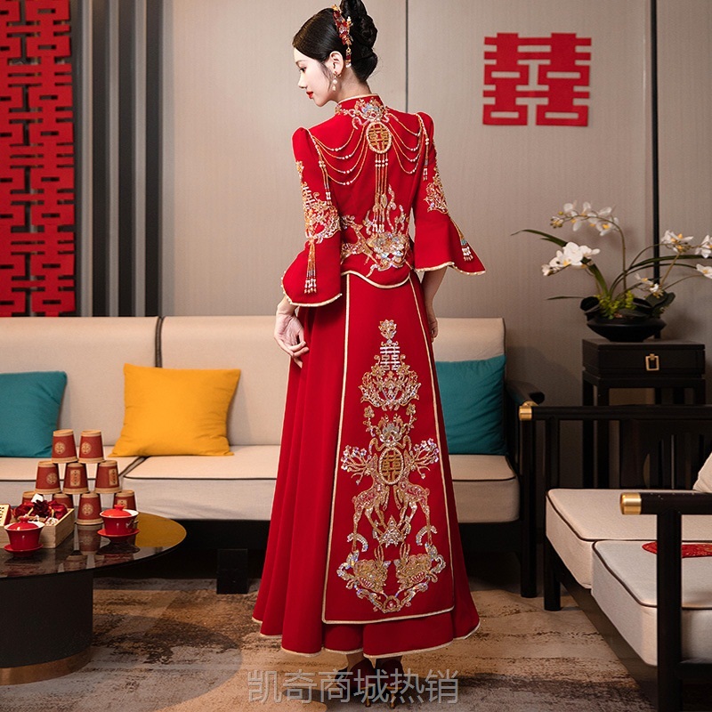 秀禾服小个子敬酒服中式嫁衣V领出阁服重工礼服新中式婚服嫁衣