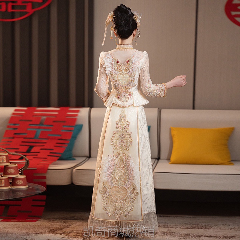 香槟色羽毛秀禾服 出阁婚服2024新款夏季轻奢新式敬酒服女龙凤褂