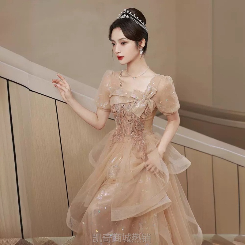 晚礼服女2024新款宴会气质轻奢小众香槟色法式方领年会艺考礼服裙