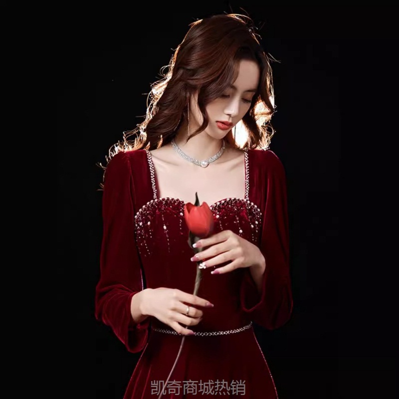 敬酒服新娘丝绒2024新款显瘦长袖质感酒红色结婚礼服裙女