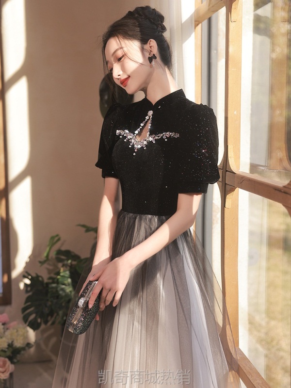 旗袍晚礼服女轻奢小众黑色赫本风主持人裙声乐艺考中式钢琴演奏服