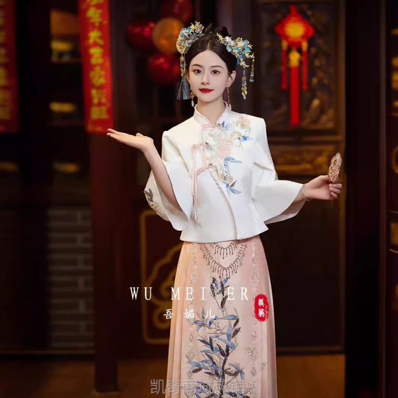 新款新中式国风马面裙套装改良汉服小个子订婚旗袍敬酒服礼服