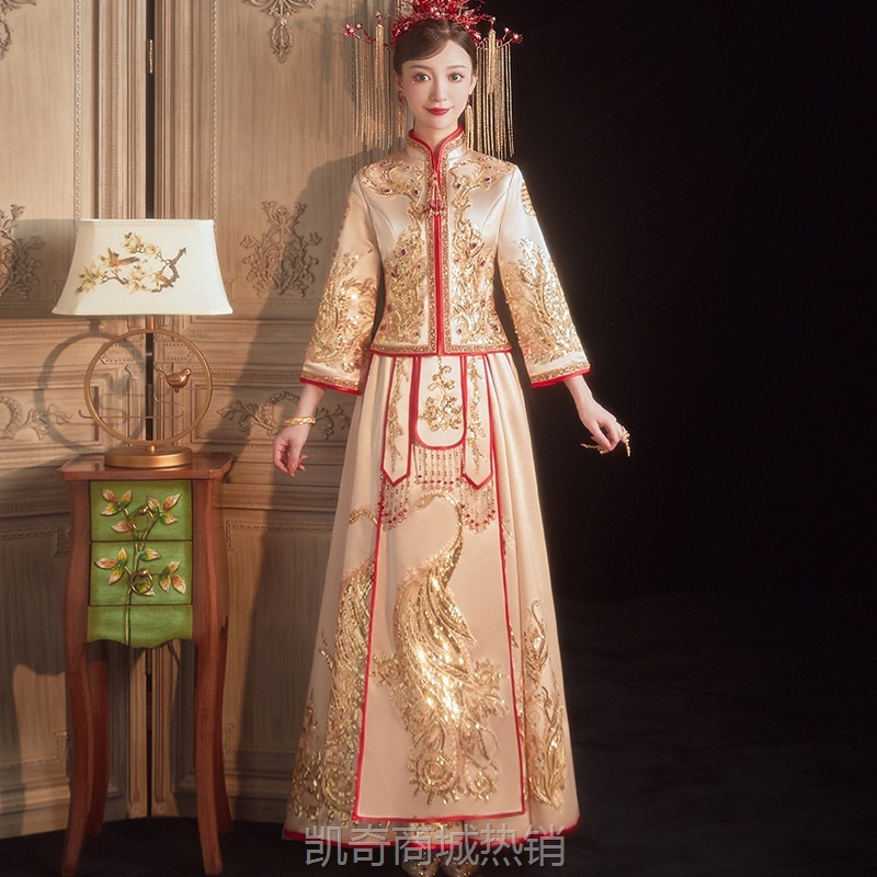香槟色红宝石孔雀秀禾服女结婚礼服中式嫁衣凤冠霞帔秀禾女秀和服