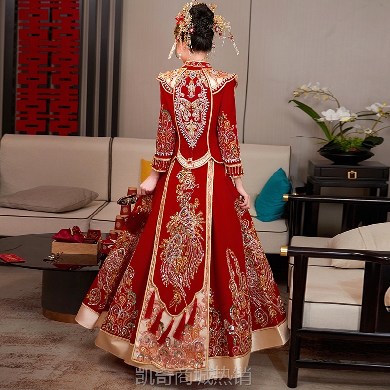丝绒秀禾服新娘2024新中式结婚服出阁嫁衣红色敬酒服龙凤褂大码