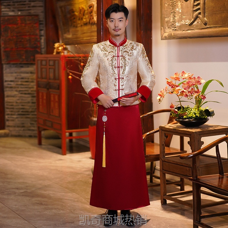 秀禾服男士2024夏季新款中式红宝石男装结婚礼服龙凤褂唐装秀禾男