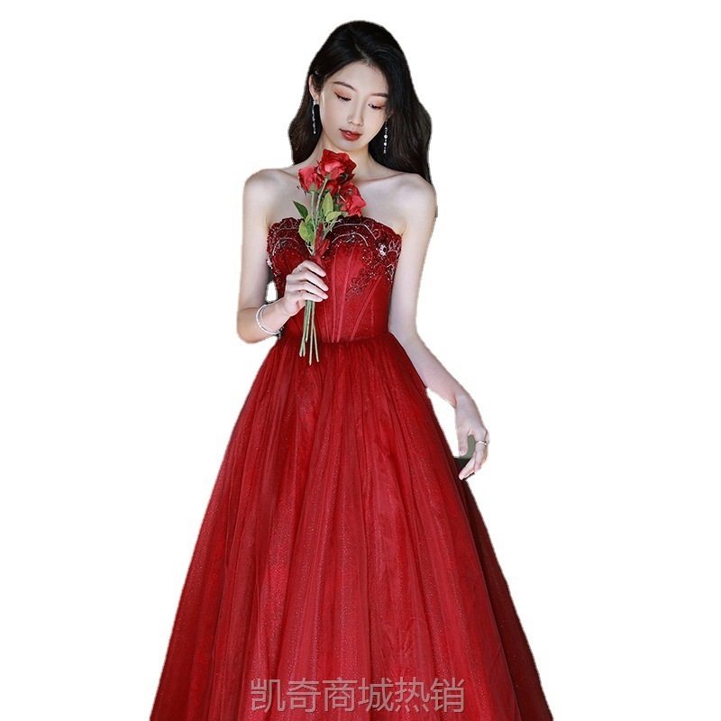 敬酒服新娘2024新款秋冬红色订婚礼服裙重手工回门服小个子晚礼服