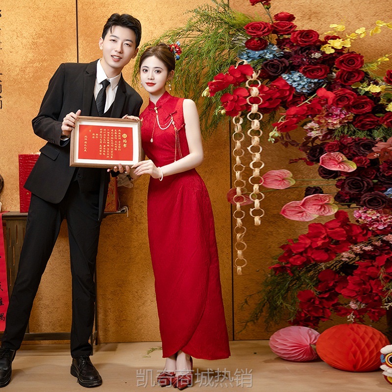 新中式旗袍敬酒服新款新娘结婚红色晨袍显瘦回门订婚领证礼服