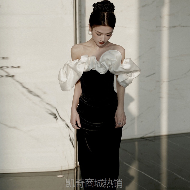 晚礼服法式黑色一字肩轻奢小众气质显瘦名媛主持人鱼尾礼服连衣裙