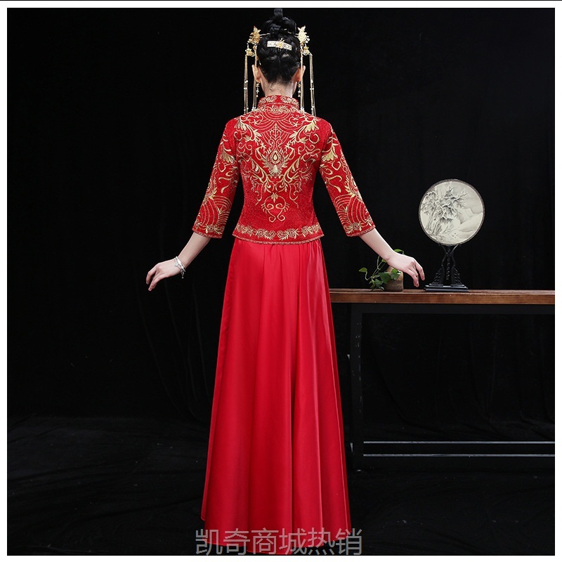 抖音同款网红单飘诗音新娘结婚秀禾服 中式改良七分袖长袖龙凤褂