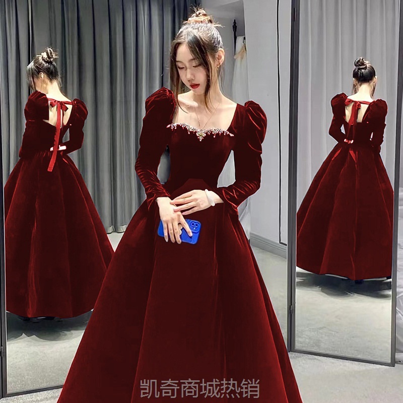 2024新款秋冬敬酒服新娘红色长袖晚礼服女结婚订婚蓬蓬裙晚礼服