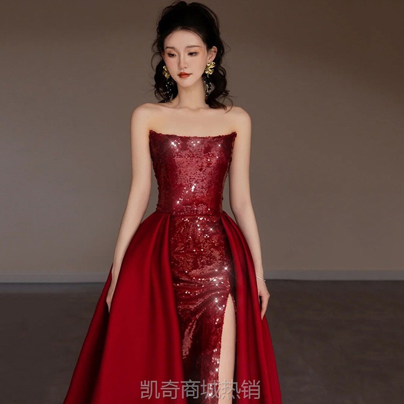 敬酒服新娘一字肩抹胸酒红色亮片礼服主持人晚会拖尾高开叉长裙