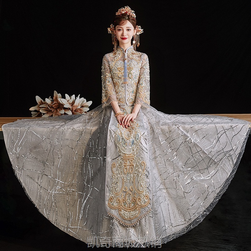 2024新娘中式结婚秀禾服嫁衣气质复古礼服网纱亮片秀禾