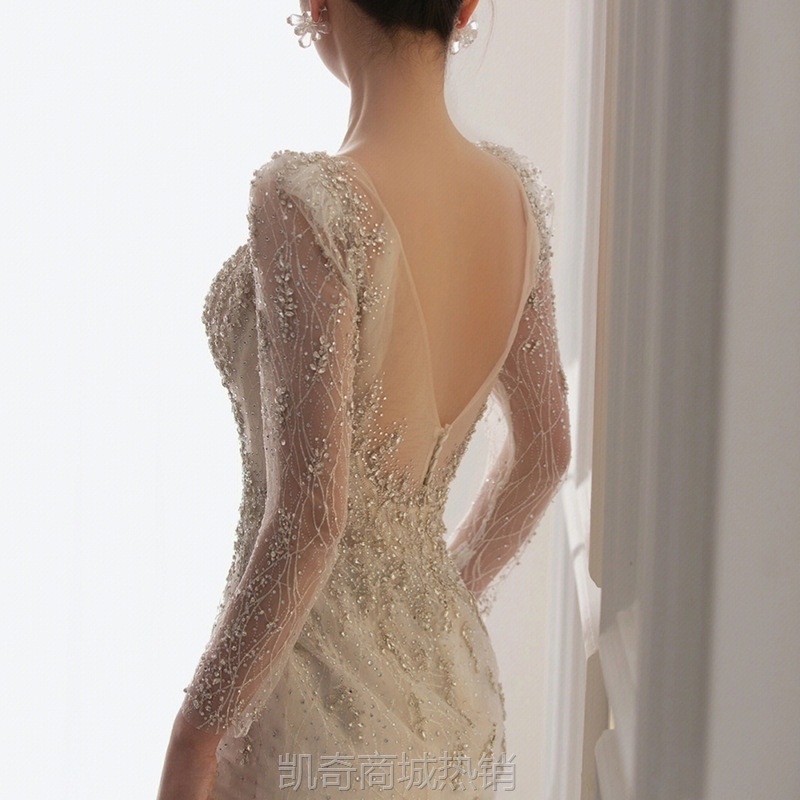 鱼尾轻婚纱2024新款新娘长袖法式小个子重工敬酒礼服裙迎宾出门纱