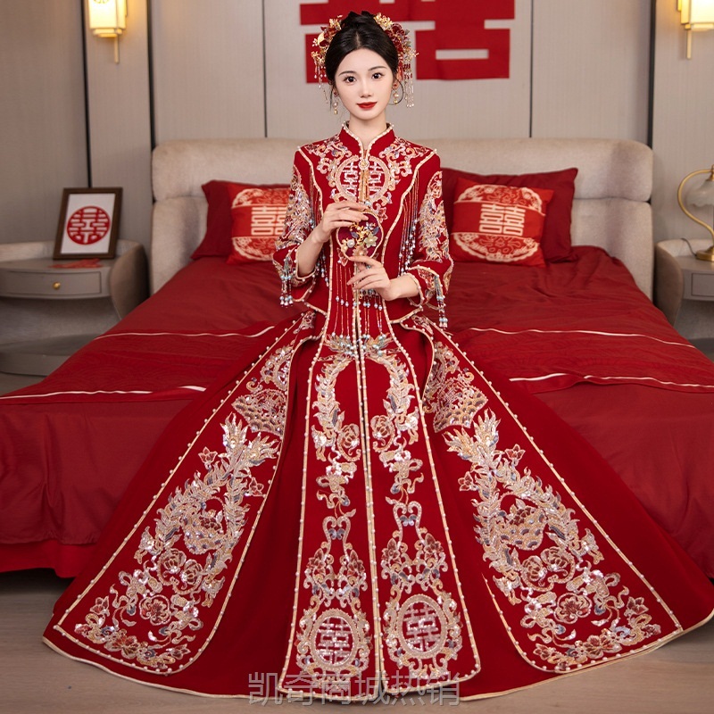 2024新款丝绒秀禾服新娘中式结婚礼服敬酒服高级龙凤褂秋冬秀和服