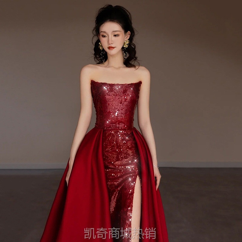 敬酒服新娘一字肩抹胸酒红色亮片礼服主持人晚会拖尾高开叉长裙