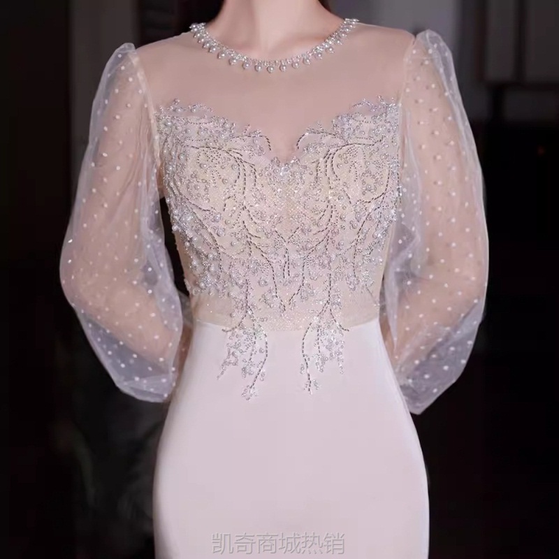 晚礼服女宴会2024新款重手工主持人收腰鱼尾长款香槟色连衣裙礼服