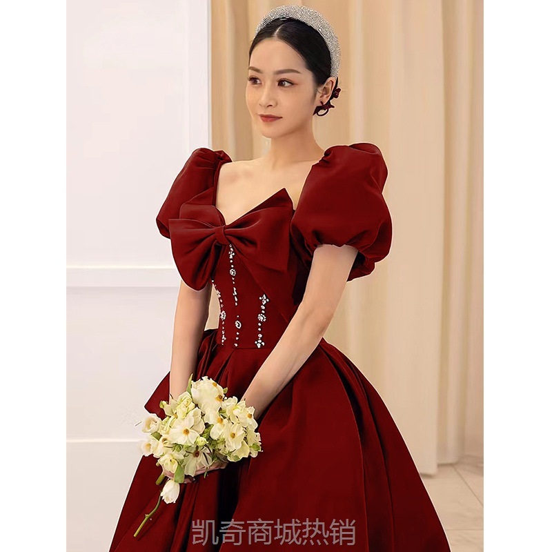 酒红色敬酒服新娘秋冬一字肩法式泡泡袖回门礼服女结婚订婚连衣裙