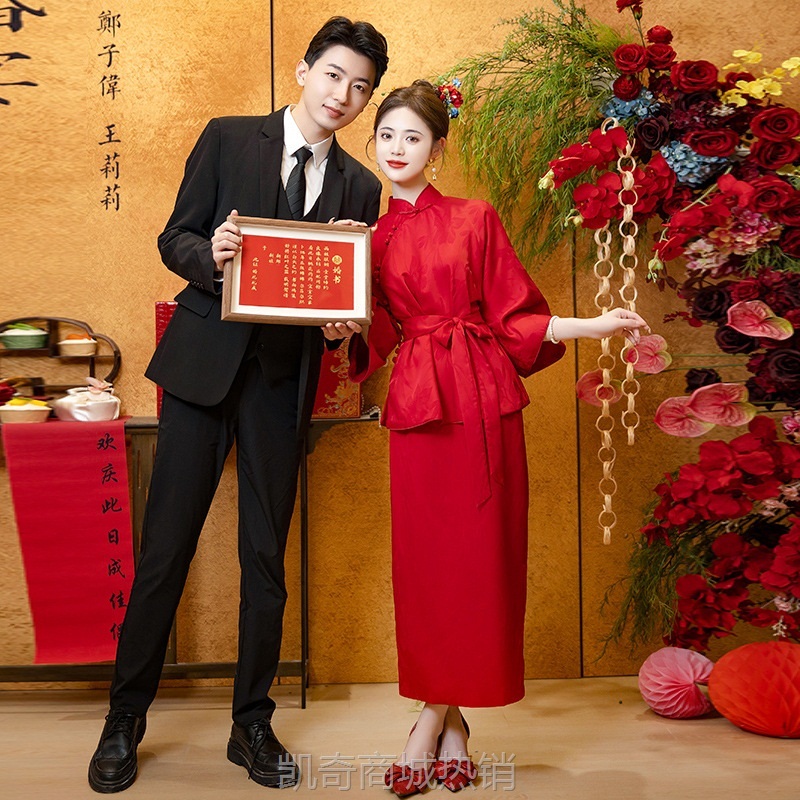 新中式旗袍新款小个子订婚敬酒礼服新娘结婚酒红色晨袍显瘦夏