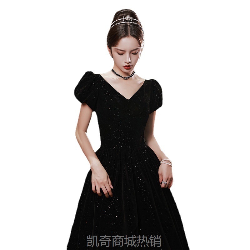 黑色晚礼服2024新款年会丝绒长款优雅气质艺考公主裙宴会礼服裙女