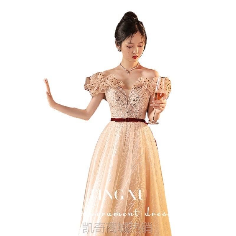 敬酒服礼服2024新款订婚连衣裙新娘晚礼服一字肩平时可穿宴会礼服
