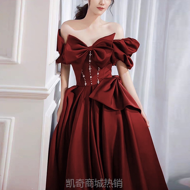 酒红色敬酒服新娘秋冬一字肩法式泡泡袖回门礼服女结婚订婚连衣裙
