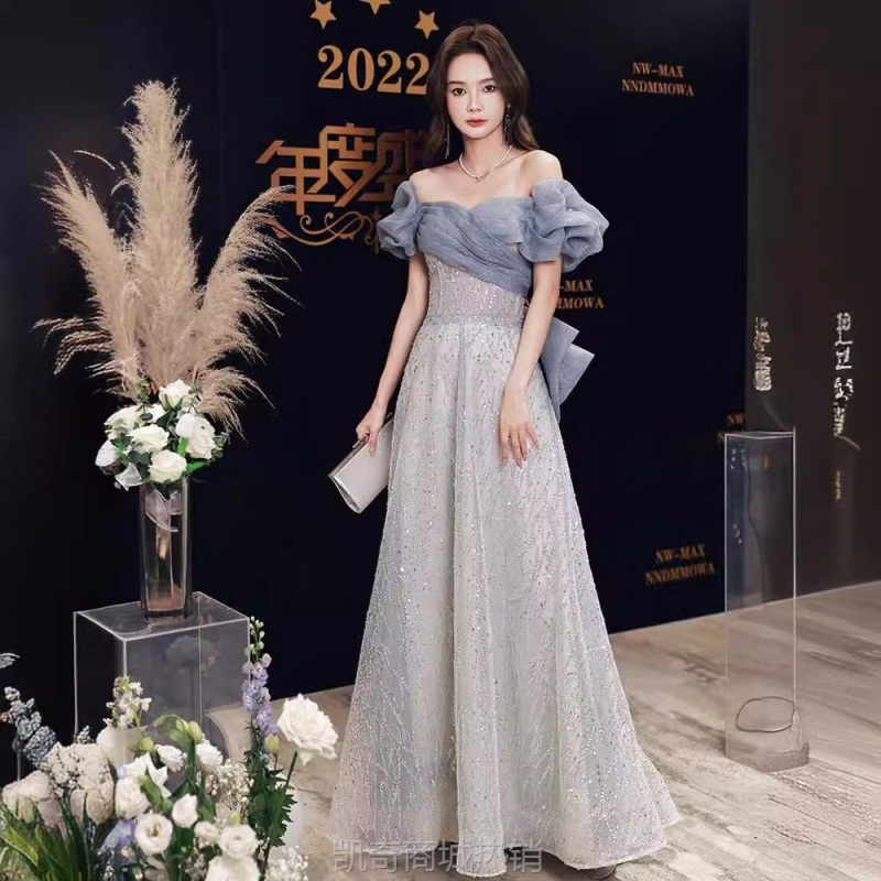 蓝色礼服裙2024新款秋冬一字肩气质名媛艺考宴会晚礼服女