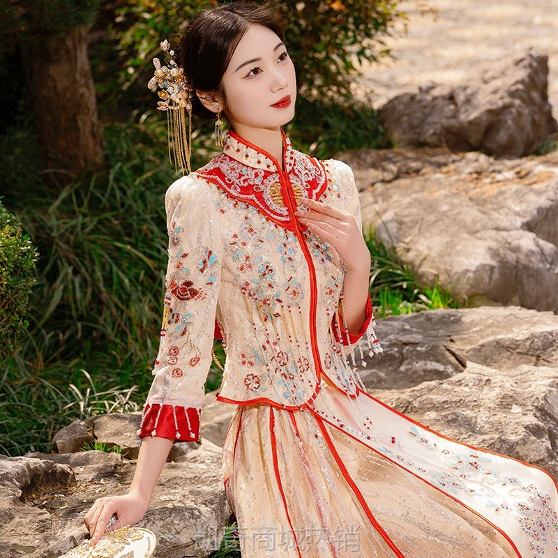 秀禾服2024新款香槟金色新娘结婚礼服中式婚纱嫁衣修身显瘦敬酒服