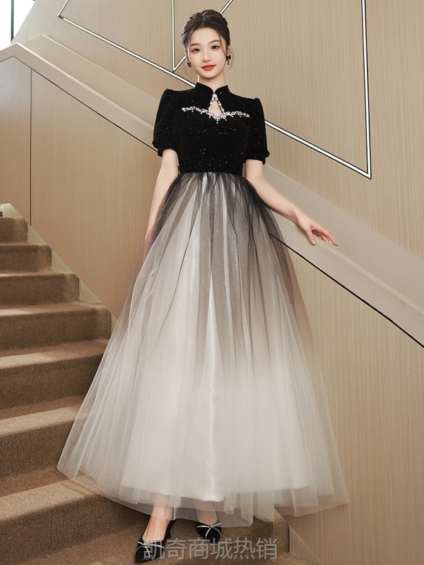 旗袍晚礼服女轻奢小众黑色赫本风主持人裙声乐艺考中式钢琴演奏服