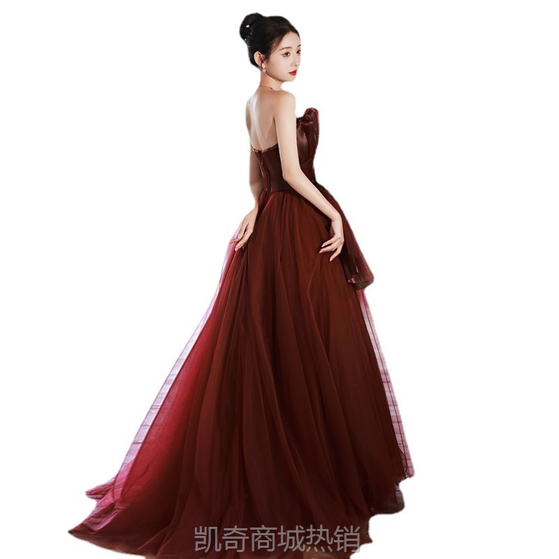 新娘敬酒服2024新款女秋冬抹胸酒红色收腰显瘦长款婚宴订婚晚礼服