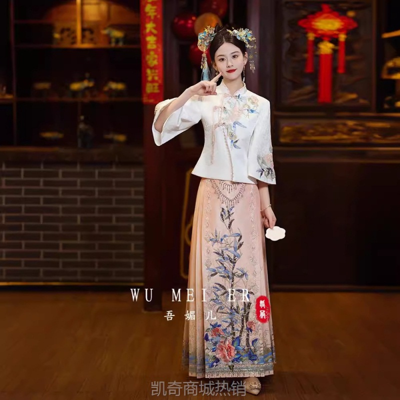 新款新中式国风马面裙套装改良汉服小个子订婚旗袍敬酒服礼服