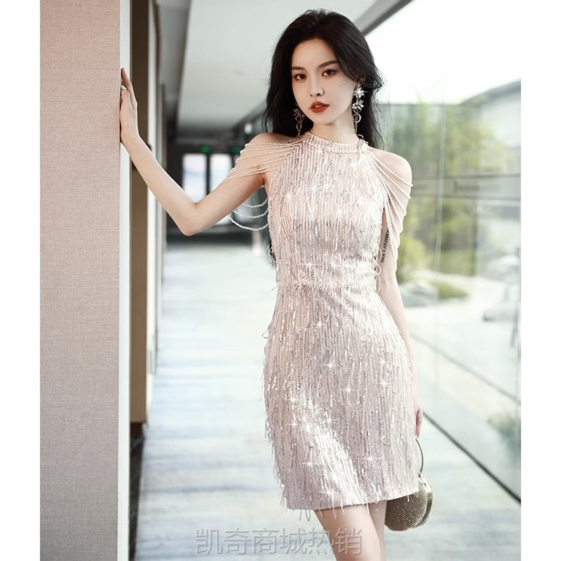 晚礼服女2024新款宴会轻奢小众主持人亮闪短款收腰鱼尾裙成人礼服