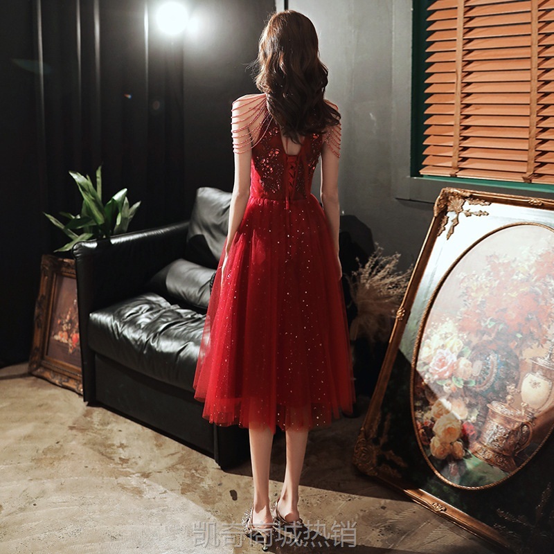 新娘酒红色敬酒服孕妇2024新款秋冬结婚法式小个子肩流苏晚礼服女