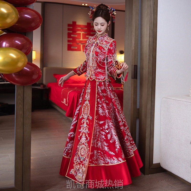 新娘重工秀禾服婚服2024新款琼花红色出阁服龙凤褂中式嫁衣显瘦