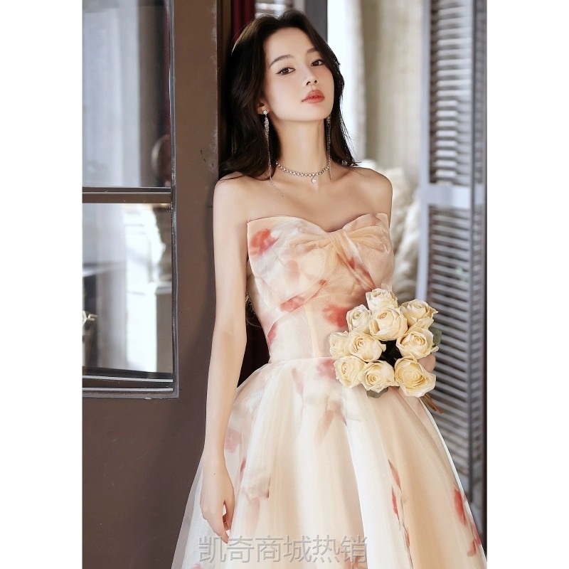 蝴蝶结抹胸晚礼服女轻奢小众法式长款超仙轻纱声乐艺考年会晚礼服
