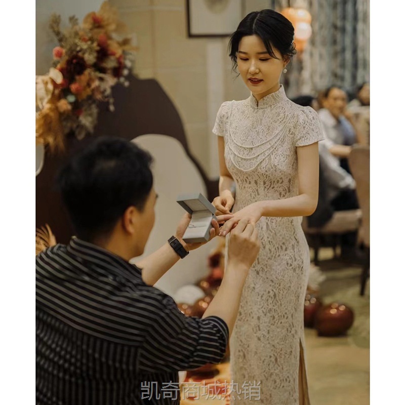 香槟色蕾丝鱼尾旗袍晚礼服女气质主持人宴会长款优雅显瘦旗袍礼服