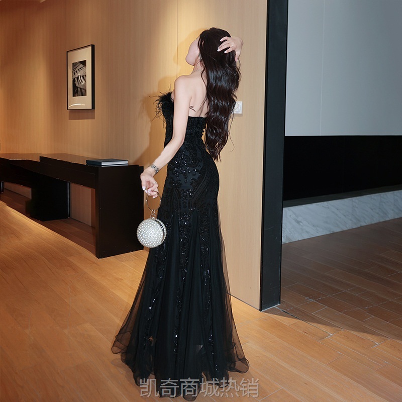 抹胸晚礼服女黑色亮片鱼尾纱裙重工主持人宴会结婚艺考生日晚礼服