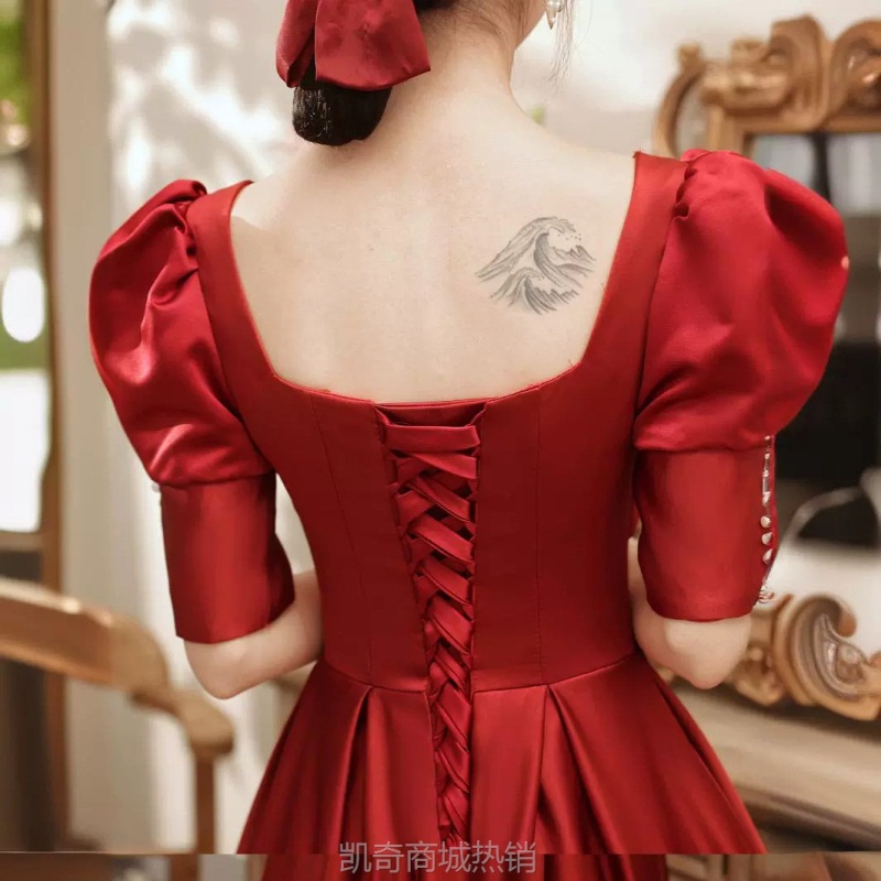 缎面敬酒服新娘秋冬缎面结婚礼服女平时可穿订婚宴会回门显瘦长款