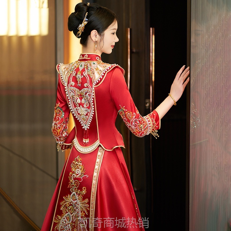 新款缎面秀禾服重工新中式婚服龙凤褂嫁衣秀禾服修身显瘦夏季礼服