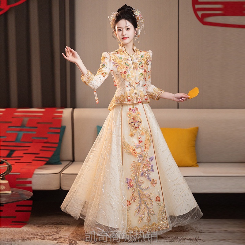 2024新款重工秀禾服女新娘中式结婚礼服香槟色金色显瘦嫁衣龙凤褂