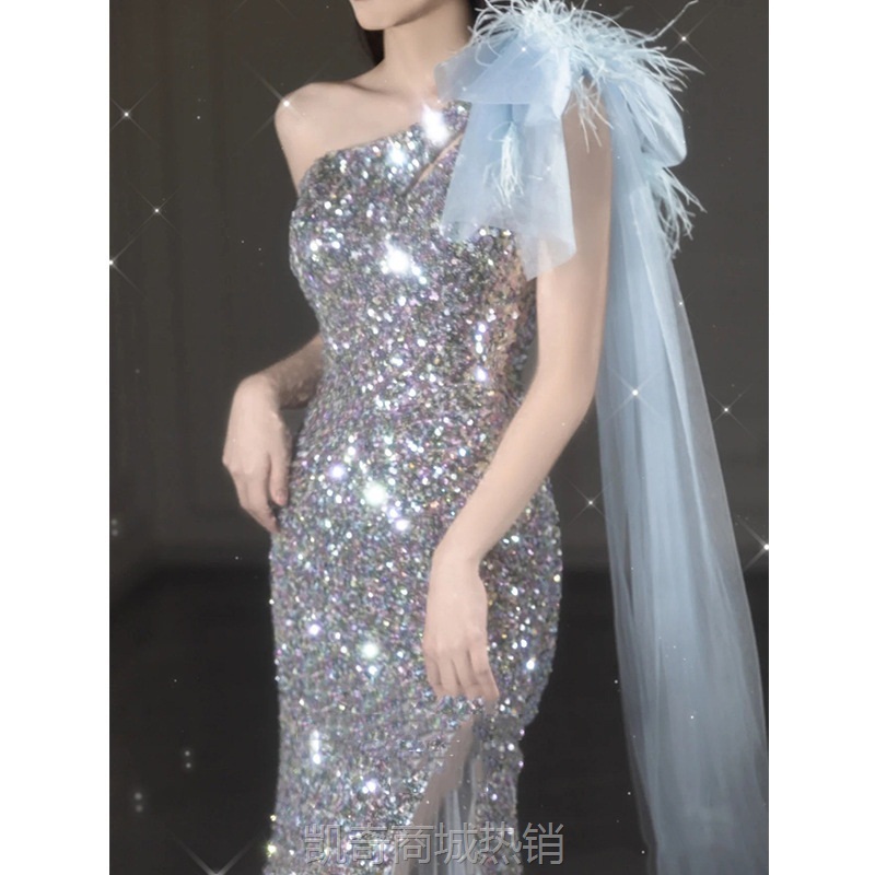 宴会晚礼服2024新款气质名媛法式连衣裙鱼尾轻奢亮片主持人晚礼服