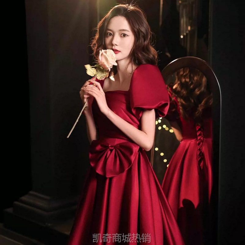 新娘敬酒服2024新款结婚订婚酒红色蝴蝶结礼服复古公主小个子