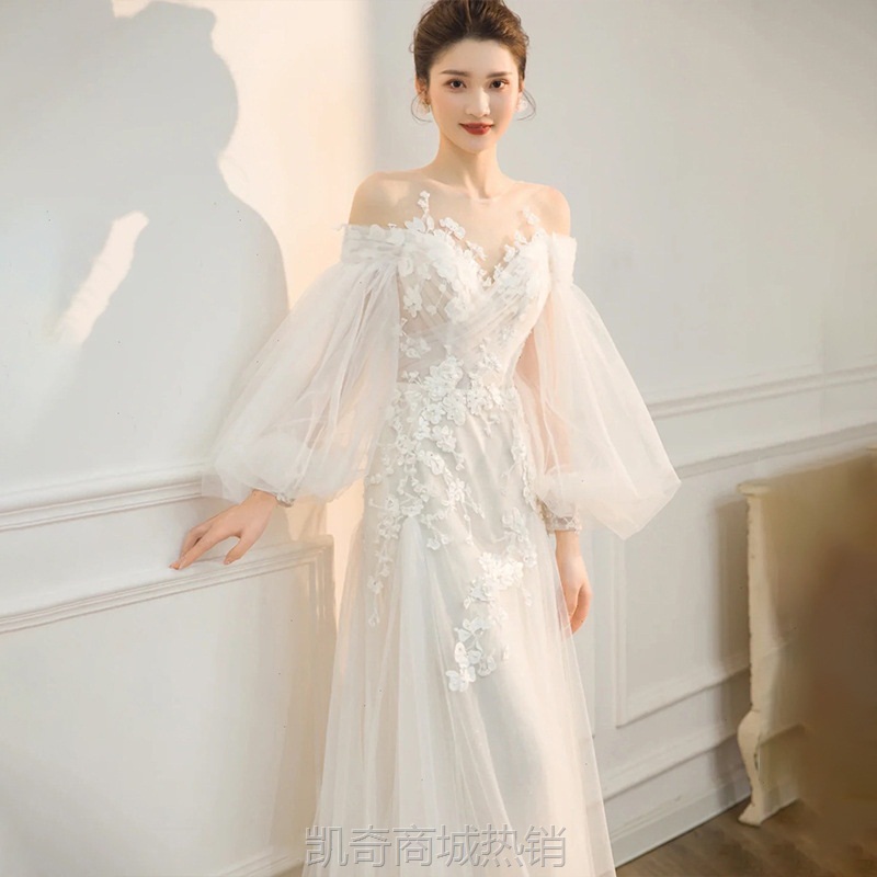 长袖森系轻婚纱超仙梦幻新娘韩式出门迎宾纱旅拍一字肩公主风礼服