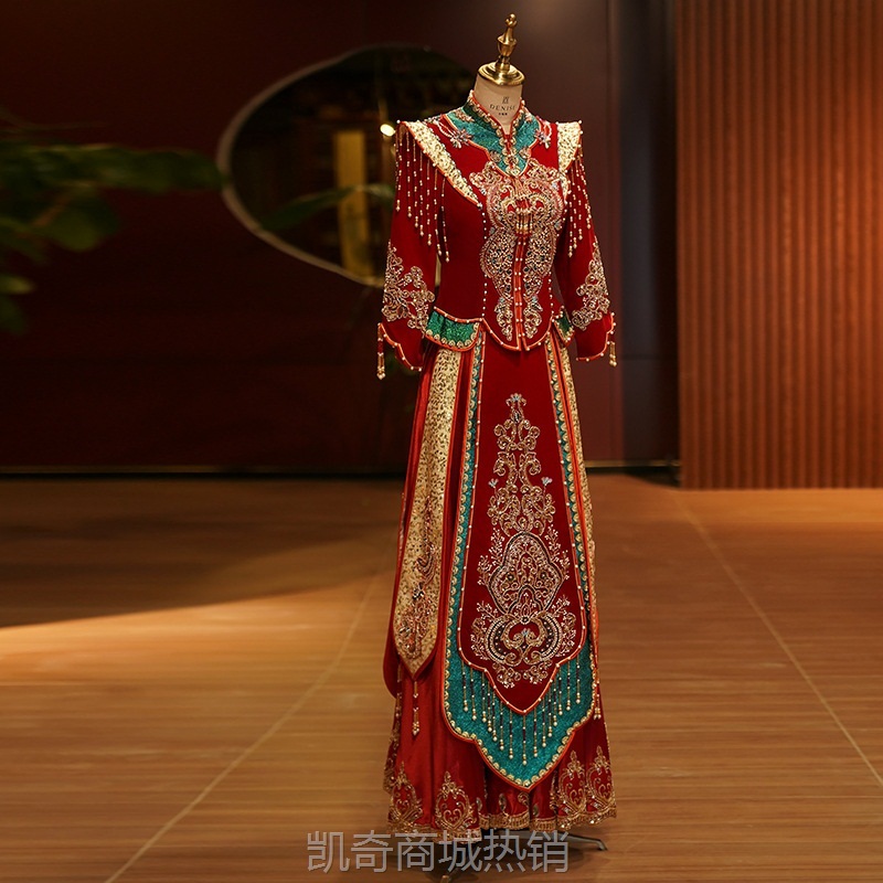知否丝绒秀禾服新娘2024秋冬新款中式结婚嫁衣红色敬酒服出阁服