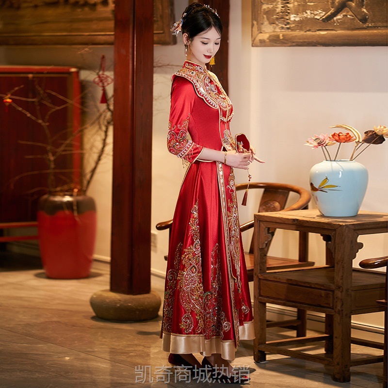 新款缎面秀禾服重工新中式婚服龙凤褂嫁衣秀禾服修身显瘦夏季礼服
