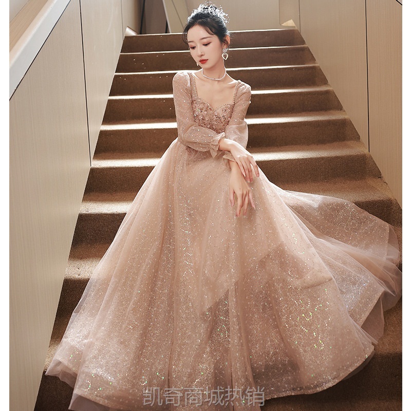 宴会气质长款晚礼服女2024新款长袖网纱礼服主持人连衣裙轻奢小众