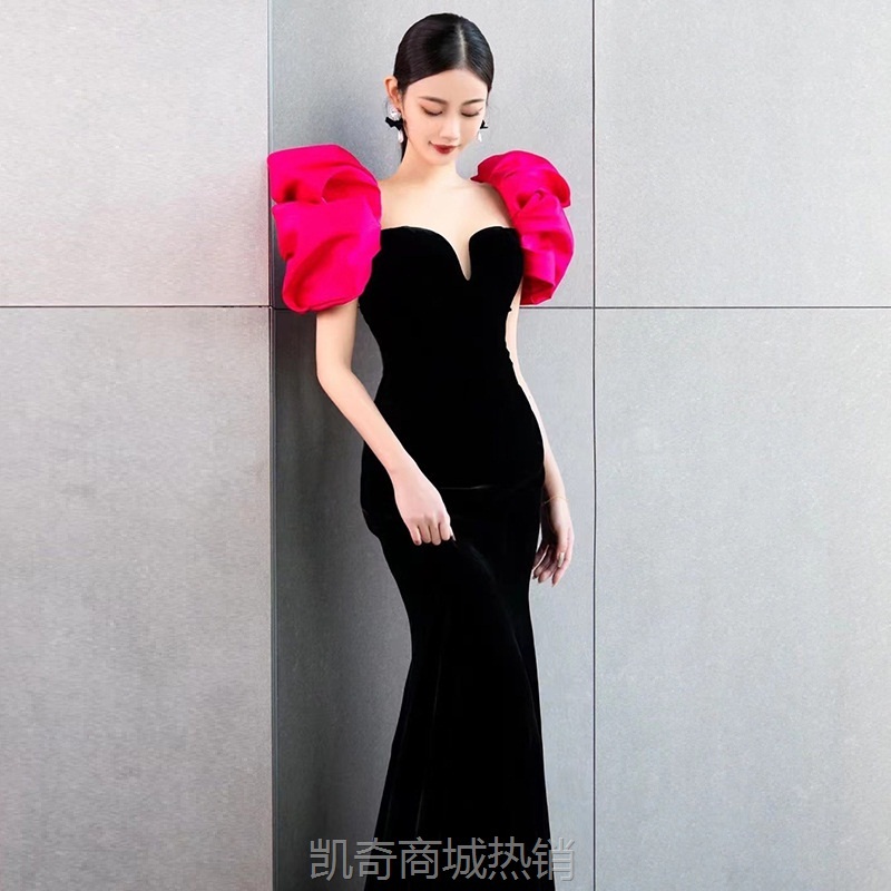 黑色鱼尾晚礼服丝绒气质长款年会礼服主持毕业演出服泡泡袖敬酒服