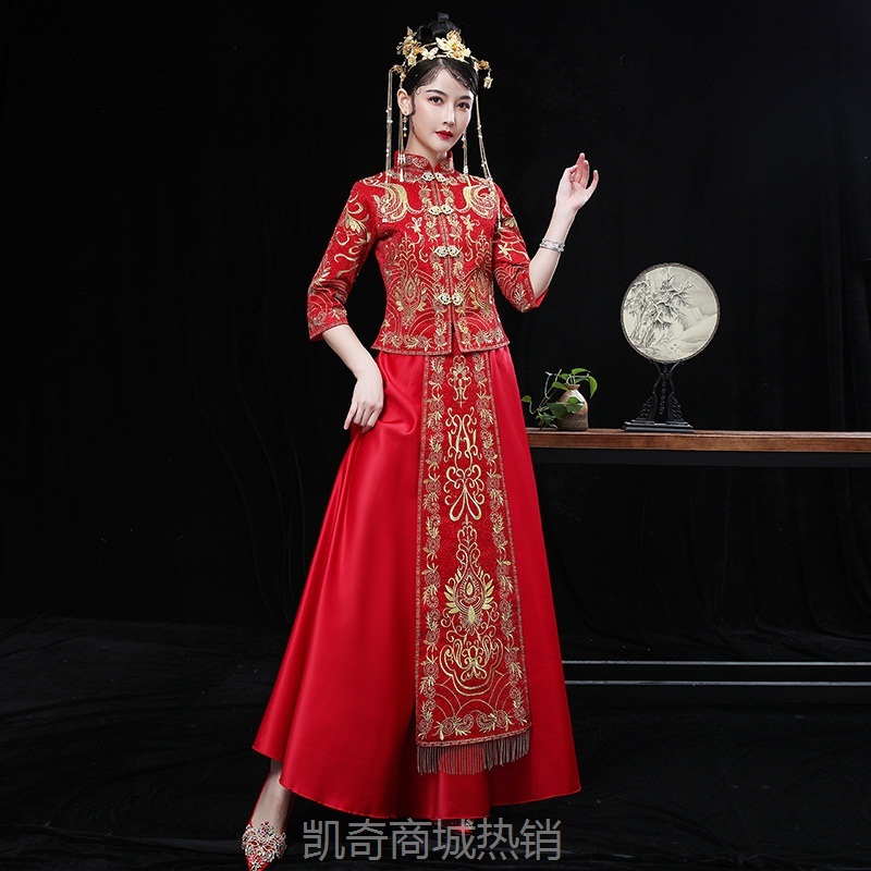 抖音同款网红单飘诗音新娘结婚秀禾服 中式改良七分袖长袖龙凤褂
