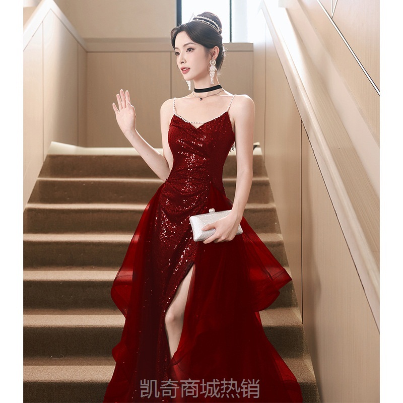 红色晚礼服裙2024新款感宴会结婚敬酒服新娘轻奢小众亮片宴会礼服