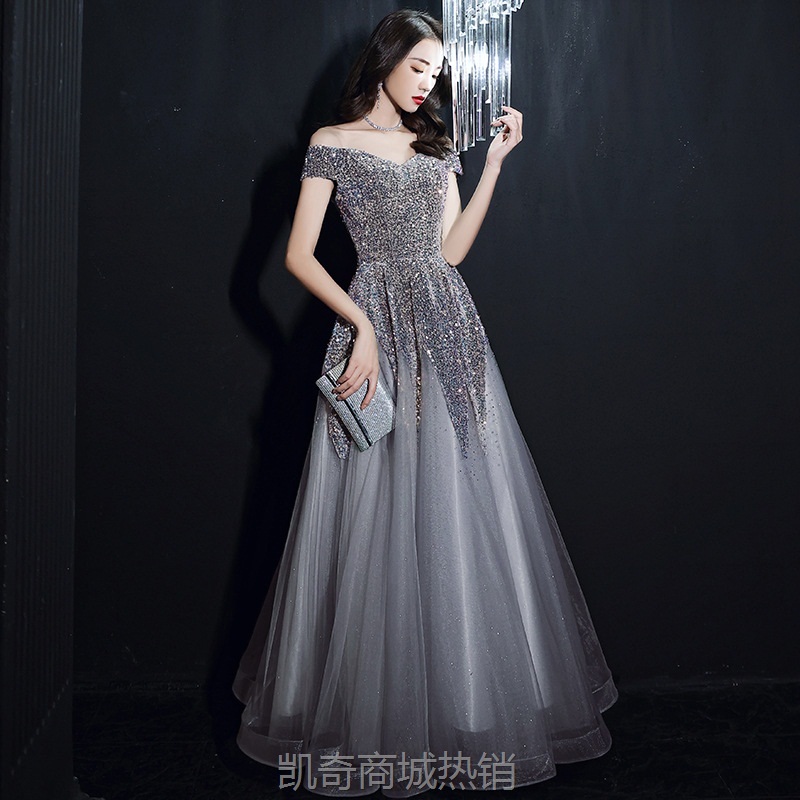 重工晚礼服女2024新款宴会气质名媛亮片一字肩长款连衣裙年会礼服